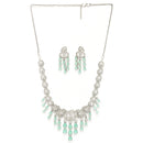 Rhodium Plated Silver Toned Floral Sea Green & White American Diamond Studded Jewellery Set