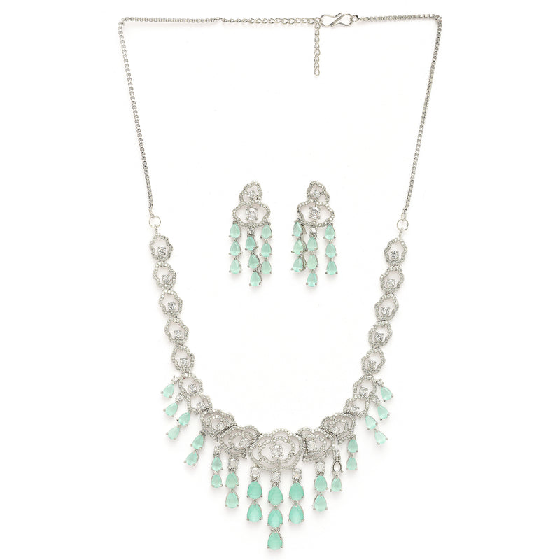 Rhodium Plated Silver Toned Floral Sea Green & White American Diamond Studded Jewellery Set
