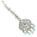 Rhodium Plated Silver Toned Floral Mint Green American Diamond Studded Maang Tikka with Elegant Dangling Stones