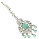 Rhodium Plated Silver Toned Mint Green American Diamond Pear Maang Tikka  with Elegant Dangling Stones