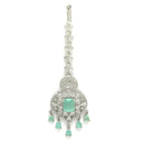 Rhodium Plated Silver Toned Mint Green American Diamond Pear Maang Tikka  with Elegant Dangling Stones