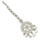Rhodium Plated Silver Toned White American Diamond  Maang Tikka with Elegant Dangling Stones