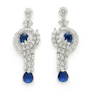 Rhodium Plated Silver Toned Floral Teardrop Shaped Navy Blue & White American Diamond Studded Jewellery Set