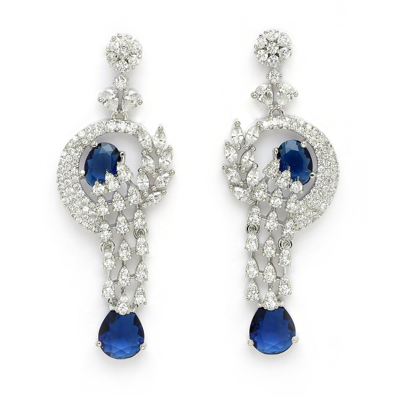 Rhodium Plated Silver Toned Floral Teardrop Shaped Navy Blue & White American Diamond Studded Jewellery Set
