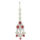 Rhodium Plated Silver Toned Ruby Red & White American Diamond Bridal Maang Tikka With Dangling Teardrop Stones