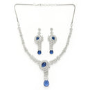 Rhodium Plated Silver Toned Floral Teardrop Shaped Navy Blue & White American Diamond Studded Jewellery Set