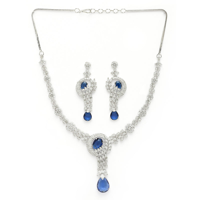 Rhodium Plated Silver Toned Floral Teardrop Shaped Navy Blue & White American Diamond Studded Jewellery Set
