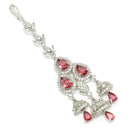 Rhodium Plated Silver Toned Ruby Red & White American Diamond Bridal Maang Tikka With Dangling Teardrop Stones