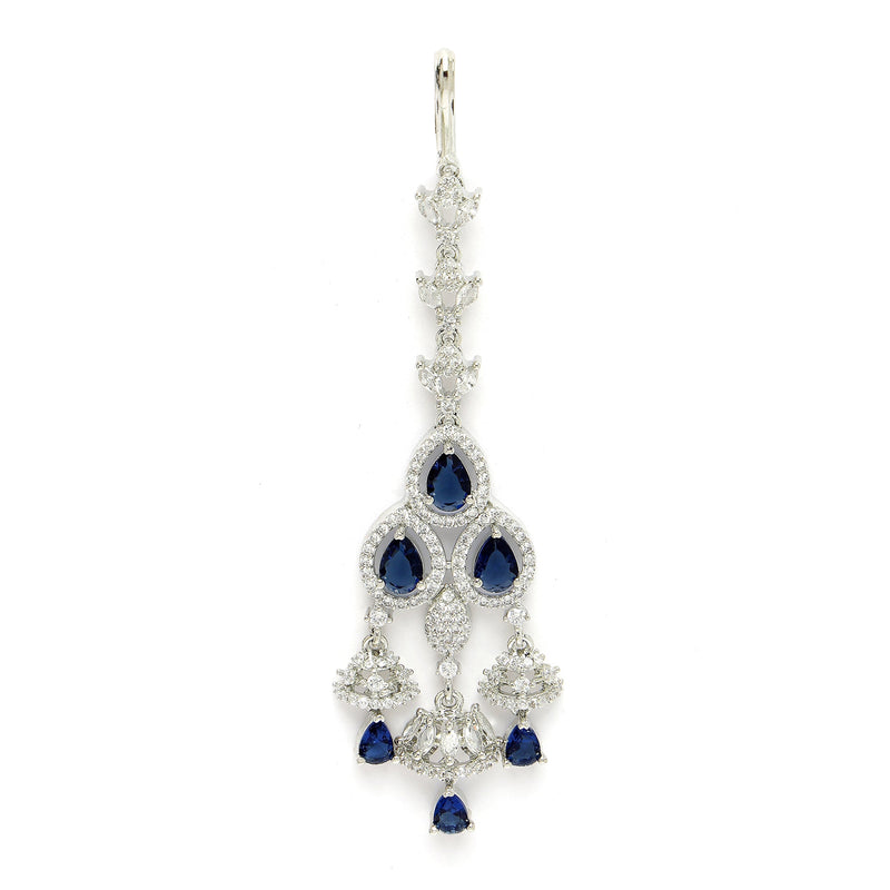 Rhodium Plated Silver Toned Blue & White American Diamond Bridal Maang Tikka With Dangling Teardrop Stones