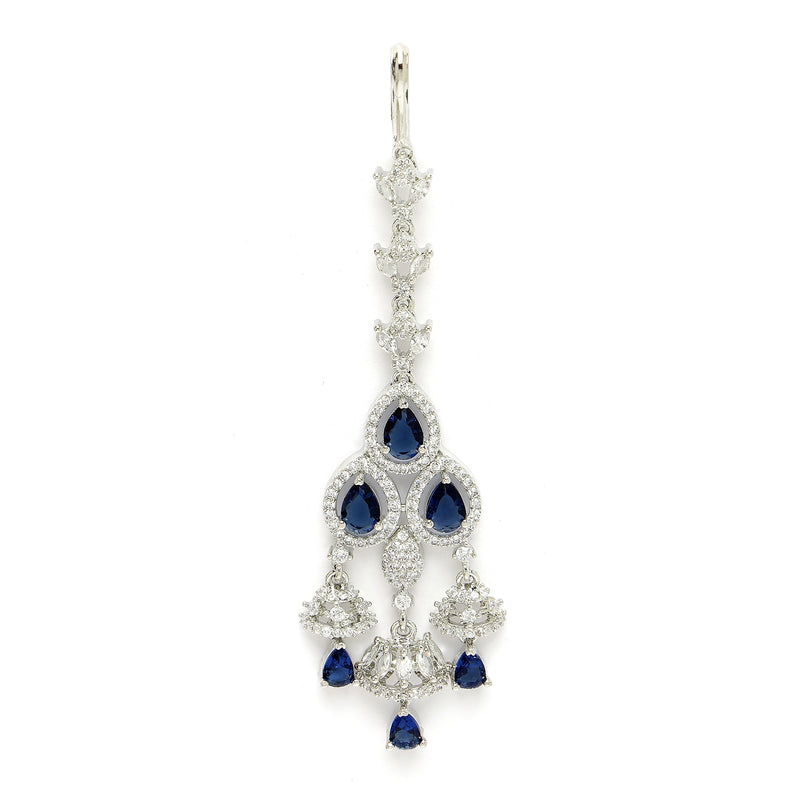 Rhodium Plated Silver Toned Blue & White American Diamond Bridal Maang Tikka With Dangling Teardrop Stones