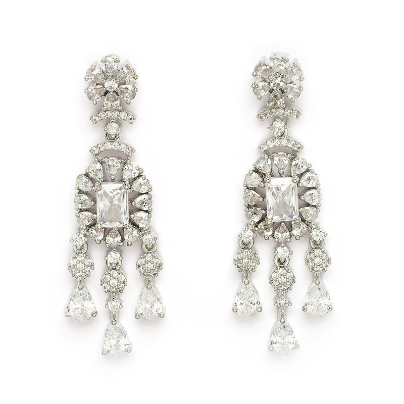 Rhodium Plated Silver Toned Teardrop Shaped White American Diamond Studded Jewellery Set