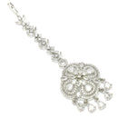 Rhodium Plated Silver Toned Floral White American Diamond Studded Maang Tikka with Elegant Dangling Stones