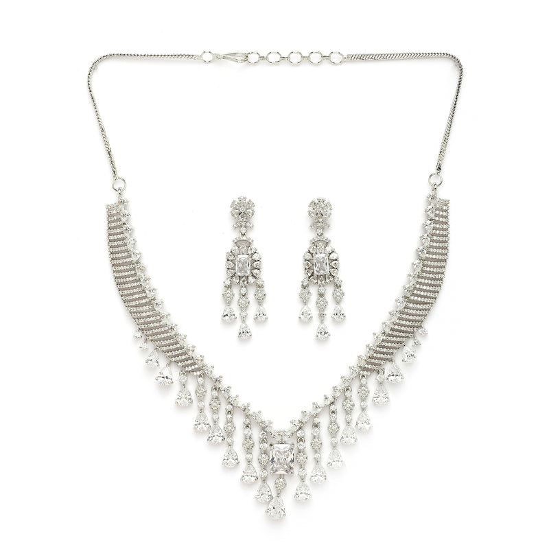 Rhodium Plated Silver Toned Teardrop Shaped White American Diamond Studded Jewellery Set