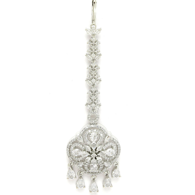 Rhodium Plated Silver Toned Floral White American Diamond Studded Maang Tikka with Elegant Dangling Stones