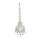 Rhodium Plated Silver Toned White American Diamond Studded Pear  Maang Tikka with Elegant Dangling Stones