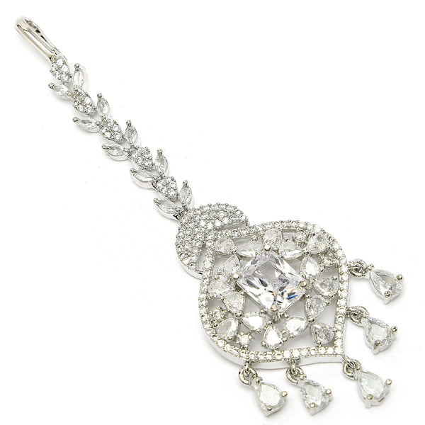 Rhodium Plated Silver Toned White American Diamond Studded Pear  Maang Tikka with Elegant Dangling Stones