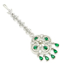 Rhodium Plated Silver Toned Floral Green American Diamond Studded Maang Tikka with Elegant Dangling Stones