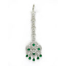 Rhodium Plated Silver Toned Floral Green American Diamond Studded Maang Tikka with Elegant Dangling Stones