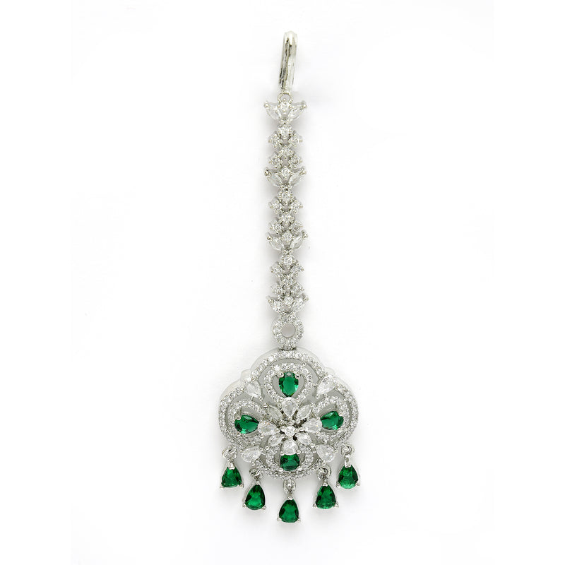 Rhodium Plated Silver Toned Floral Green American Diamond Studded Maang Tikka with Elegant Dangling Stones
