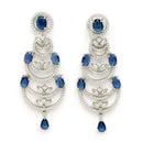 Rhodium Plated Silver Toned Crescent Shaped Blue & White American Diamond Studded Necklace With Earrings Jewellery Set