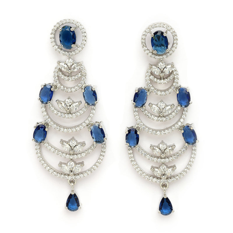 Rhodium Plated Silver Toned Crescent Shaped Blue & White American Diamond Studded Necklace With Earrings Jewellery Set