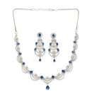 Rhodium Plated Silver Toned Crescent Shaped Blue & White American Diamond Studded Necklace With Earrings Jewellery Set
