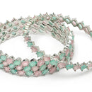 Rhodium Plated Silver Toned Sea Green & Pink Rectangle AD Studded Set Of 4 Stylish Bangles