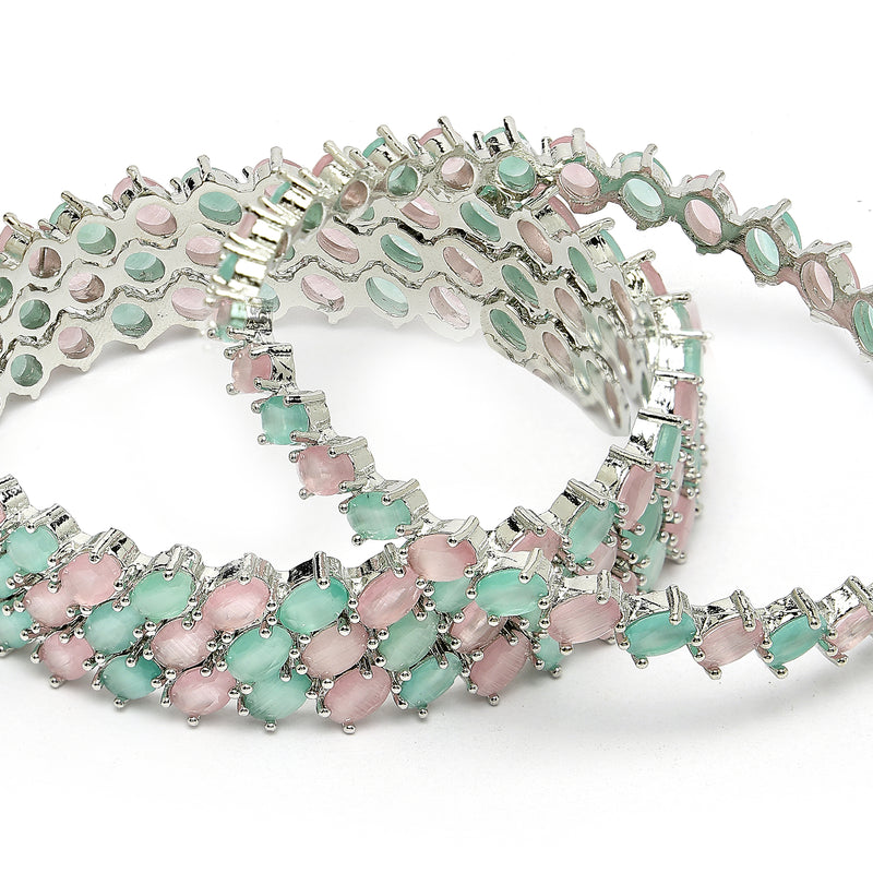 Rhodium Plated Silver Toned Sea Green & Pink Rectangle AD Studded Set Of 4 Stylish Bangles