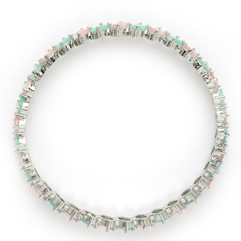 Rhodium Plated Silver Toned Sea Green & Pink Rectangle AD Studded Set Of 4 Stylish Bangles