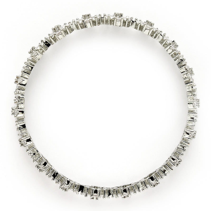 Rhodium Plated Silver Toned White AD Studded Set Of 2 Stylish Floral Design Bangles