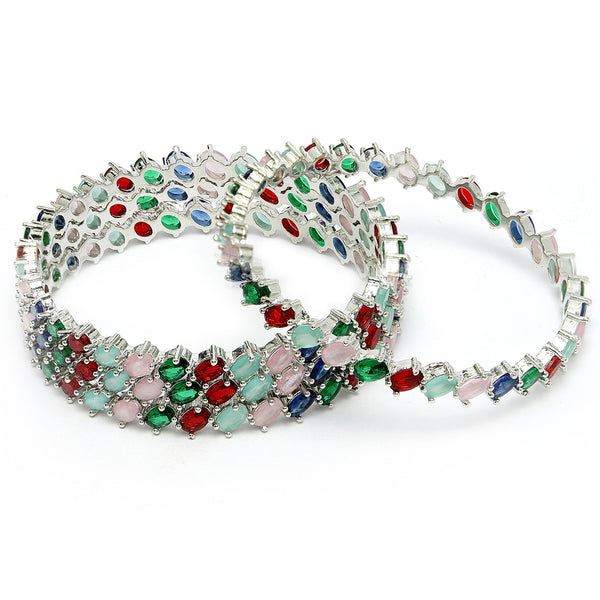 Rhodium Plated Silver Toned Multicoloured Rectangle AD Studded Set Of 4 Stylish Bangles