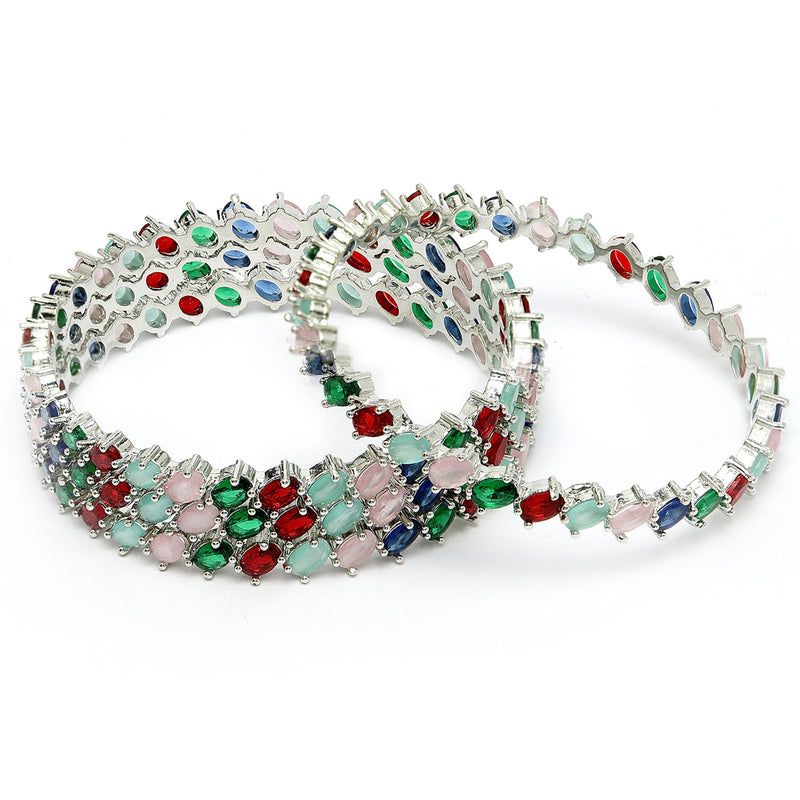 Rhodium Plated Silver Toned Multicoloured Rectangle AD Studded Set Of 4 Stylish Bangles