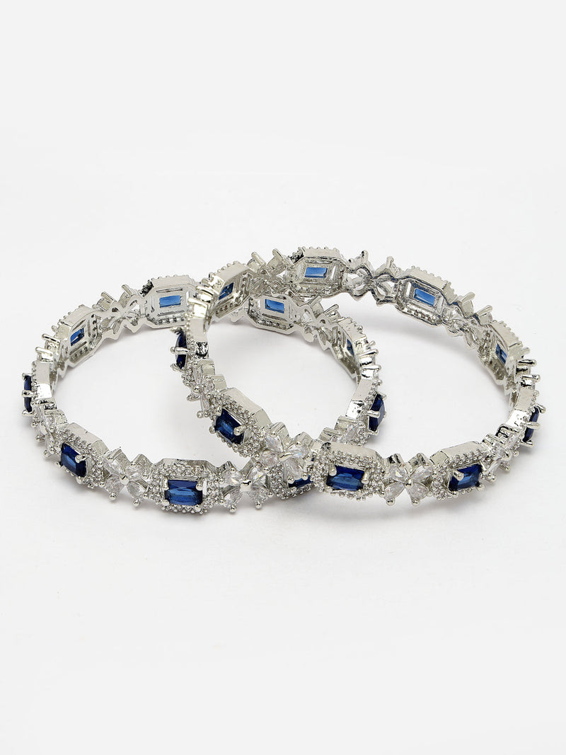 Rhodium Plated Silver Toned Royal Blue Square AD Studded Set Of 2 Floral Stylish Bangles