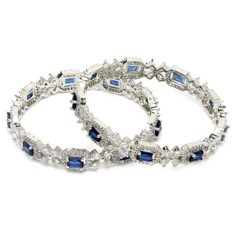 Rhodium Plated Silver Toned Royal Blue Square AD Studded Set Of 2 Floral Stylish Bangles