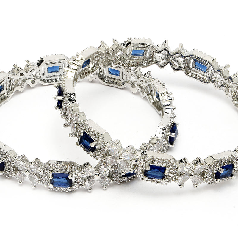 Rhodium Plated Silver Toned Royal Blue Square AD Studded Set Of 2 Floral Stylish Bangles