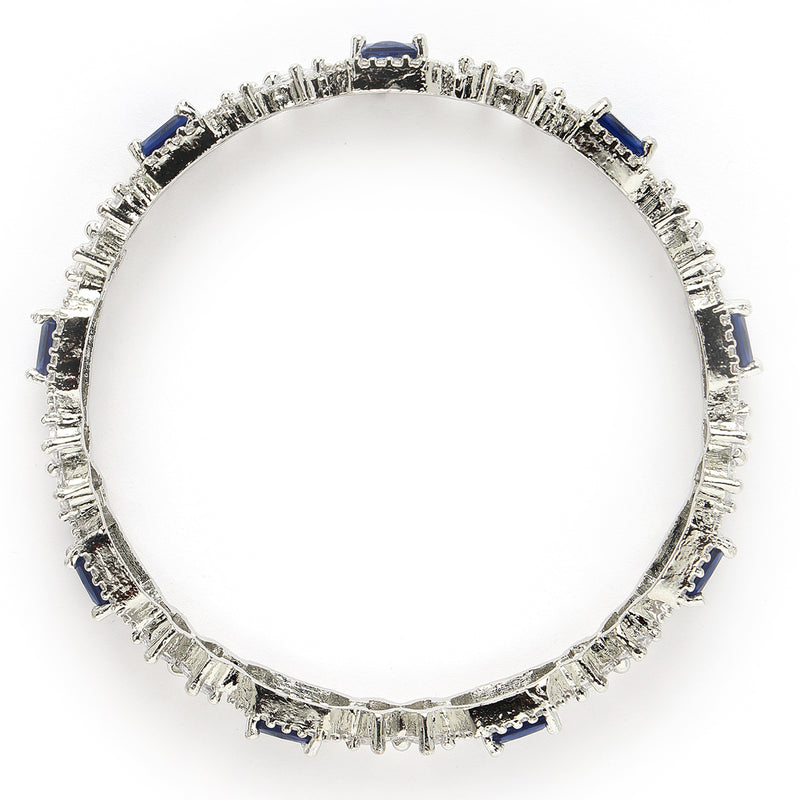 Rhodium Plated Silver Toned Royal Blue Square AD Studded Set Of 2 Floral Stylish Bangles