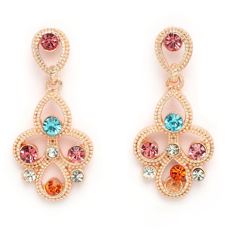 Rose Gold Plated Teardrop Shaped Multicolor Cubic Zirconia Studded Jewellery Set