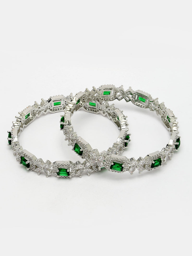 Rhodium Plated Silver Toned Green Square AD Studded Set Of 2 Floral Stylish Bangles