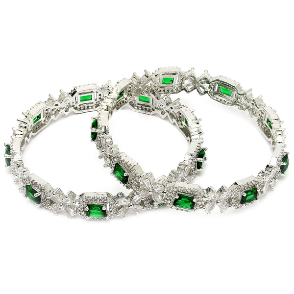 Rhodium Plated Silver Toned Green Square AD Studded Set Of 2 Floral Stylish Bangles