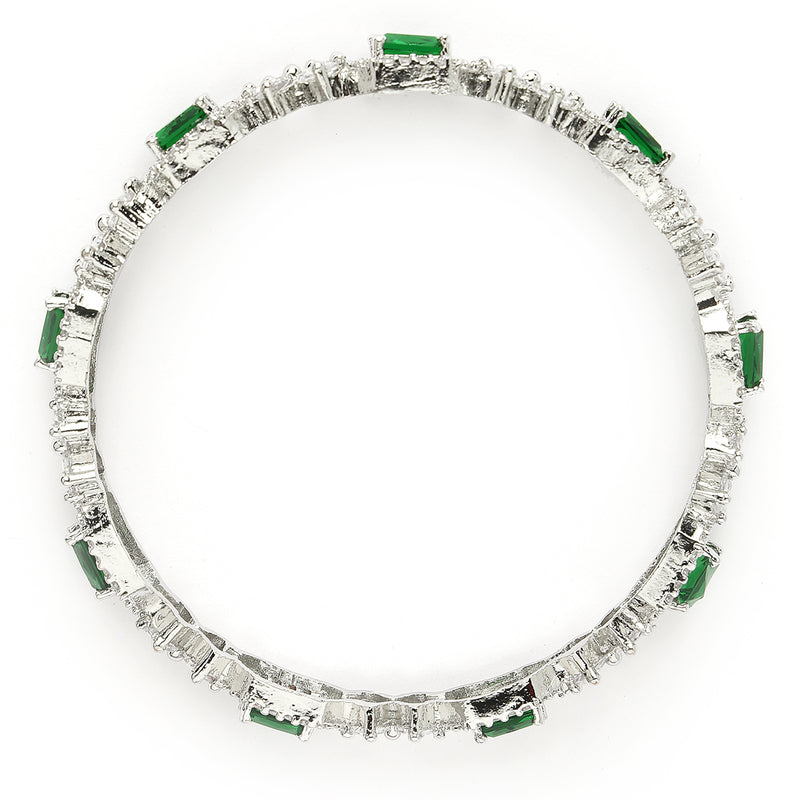 Rhodium Plated Silver Toned Green Square AD Studded Set Of 2 Floral Stylish Bangles