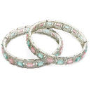 Rhodium Plated Silver Toned Sea Green & Pink Square AD Studded Set Of 2 Stylish Bangles
