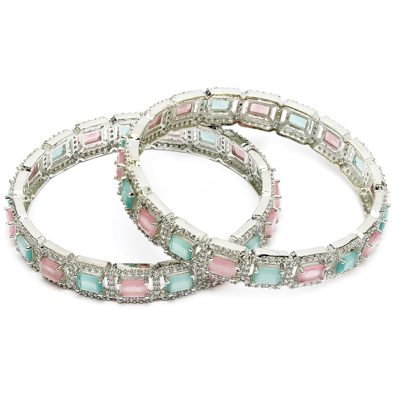 Rhodium Plated Silver Toned Sea Green & Pink Square AD Studded Set Of 2 Stylish Bangles