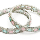 Rhodium Plated Silver Toned Sea Green & Pink Square AD Studded Set Of 2 Stylish Bangles