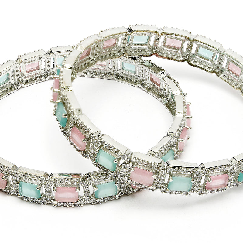 Rhodium Plated Silver Toned Sea Green & Pink Square AD Studded Set Of 2 Stylish Bangles