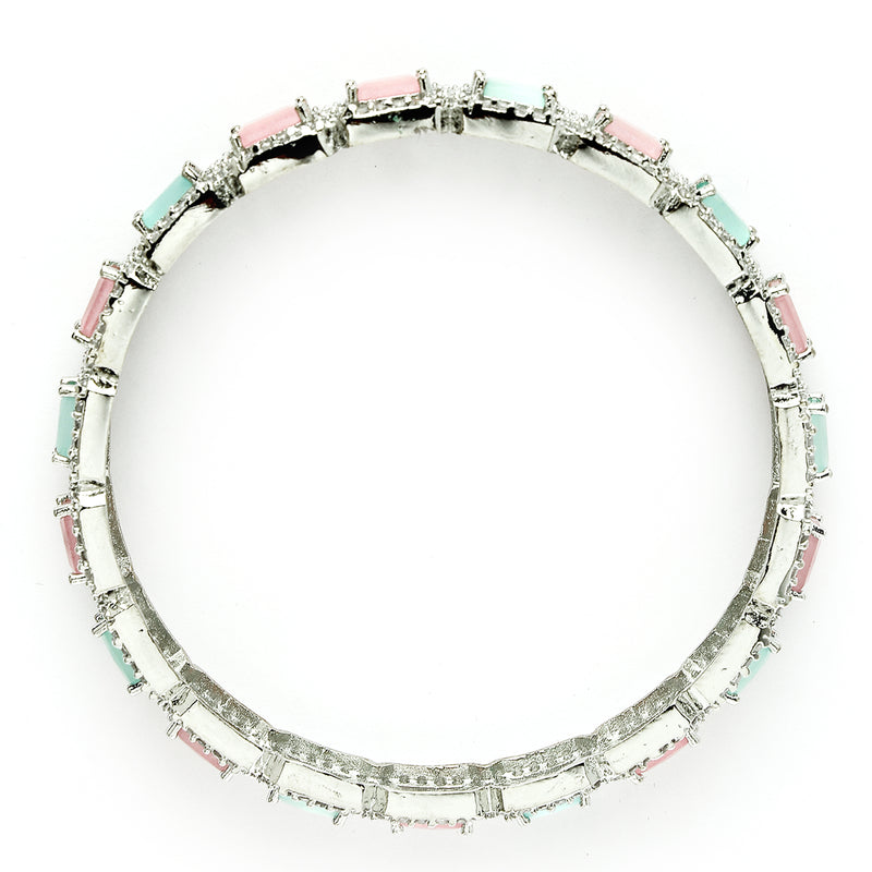 Rhodium Plated Silver Toned Sea Green & Pink Square AD Studded Set Of 2 Stylish Bangles
