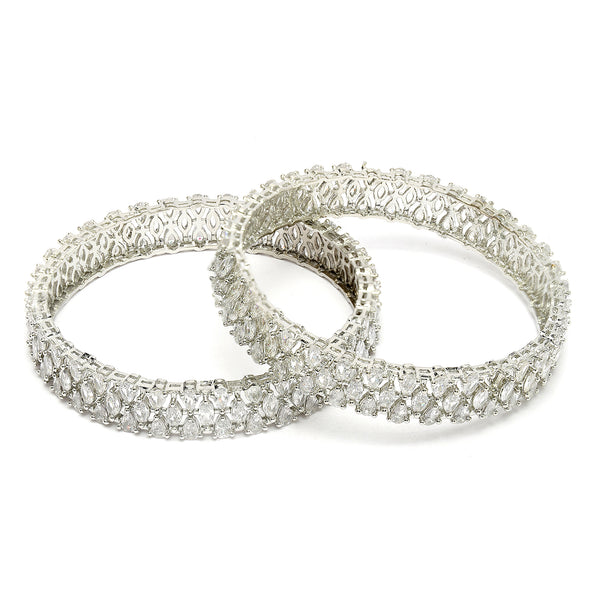 Rhodium Plated Silver Toned Set Of 2 Stylish Symetric Design Bangles