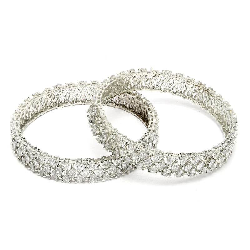 Rhodium Plated Silver Toned Set Of 2 Stylish Symetric Design Bangles