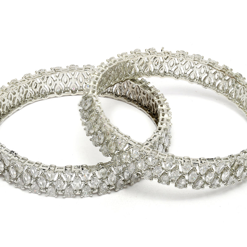 Rhodium Plated Silver Toned Set Of 2 Stylish Symetric Design Bangles