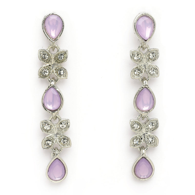 Rhodium Plated Silver Toned Butterfly Shaped Lavender Cubic Zirconia Studded Jewellery Set