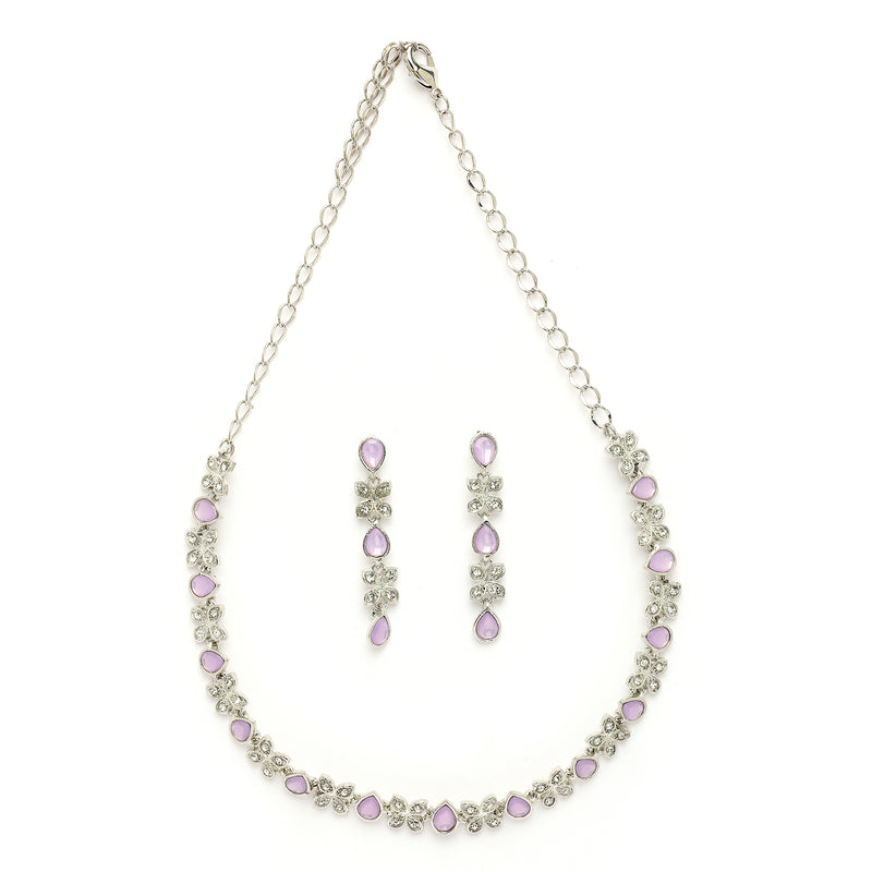 Rhodium Plated Silver Toned Butterfly Shaped Lavender Cubic Zirconia Studded Jewellery Set